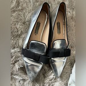 Prada metallic flats silver leather shoes bow pointy toe mary Jane loafers